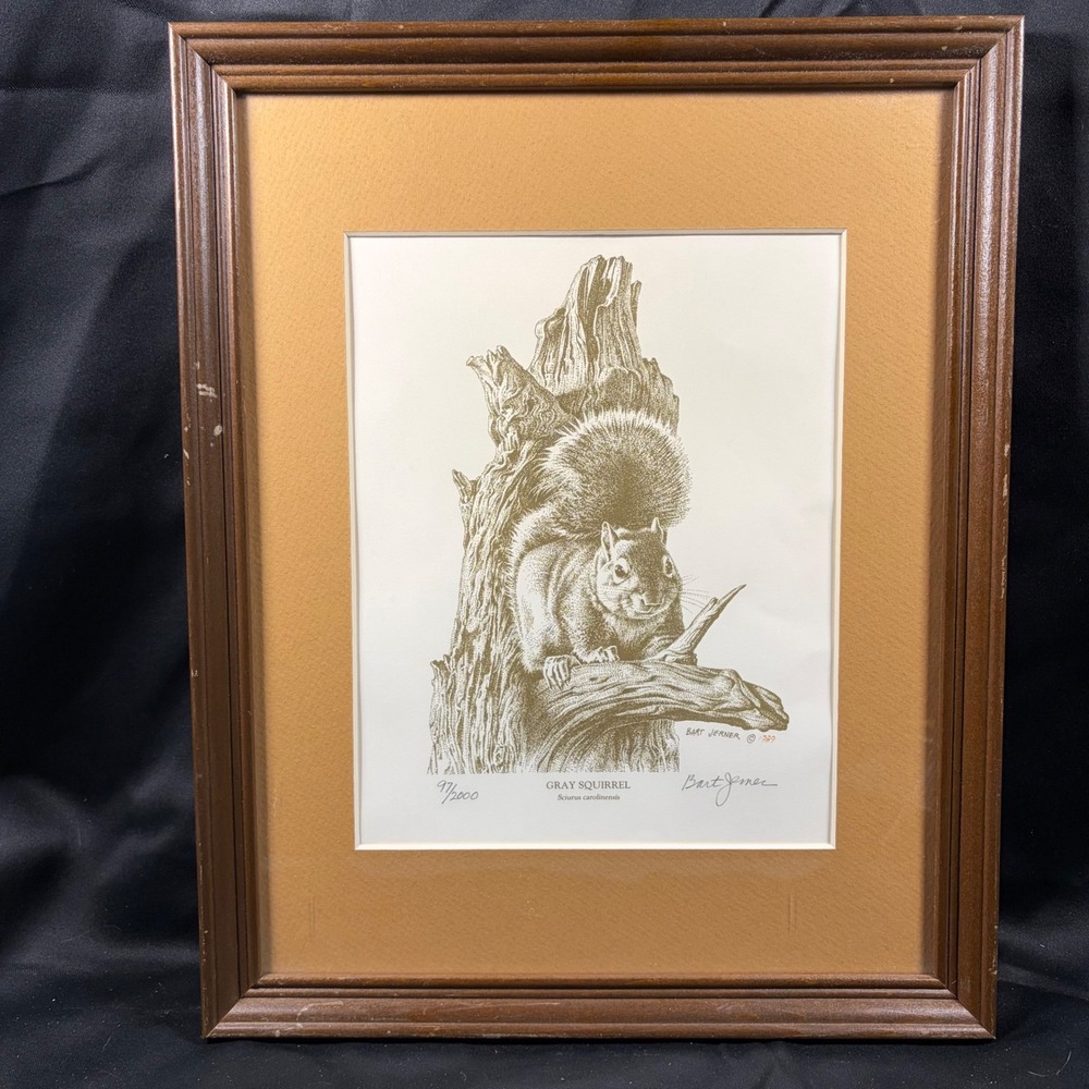 Bart Jerner Gray Squirrel Print Signed Limited Edition 97/2000 Wood Frame 1989